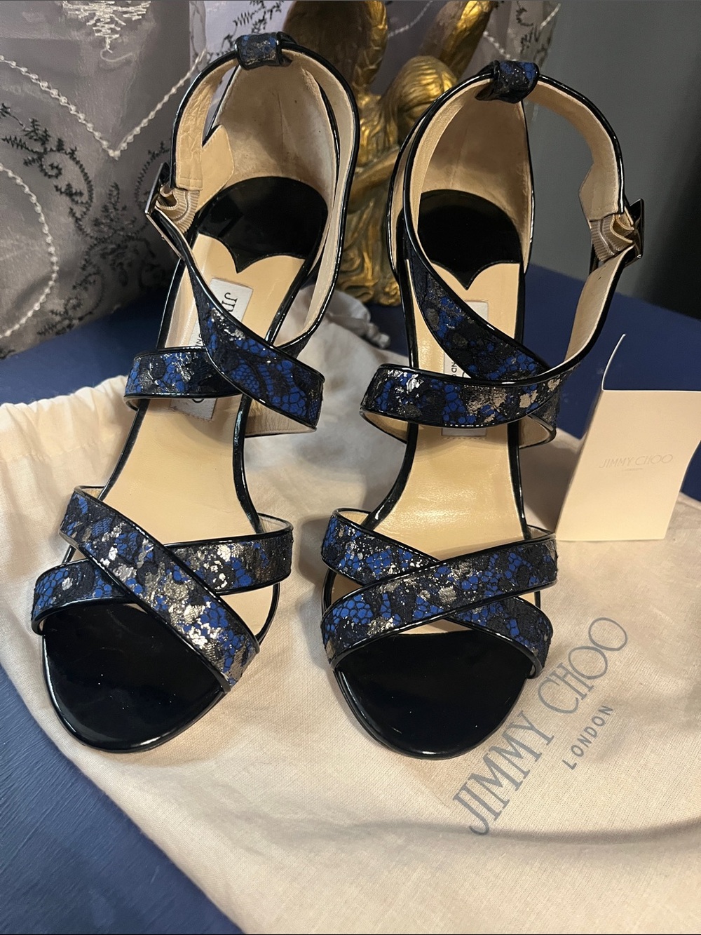 Jimmy Choo Blue and Black Metallic Floral Strappy High Heels